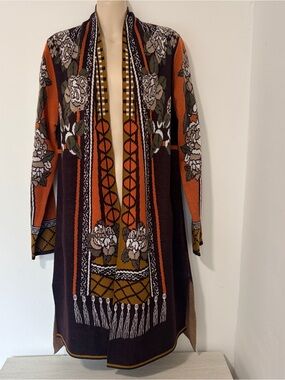 NWT! Max Sport long duster cardigan sweater Sz M Wool Blend Brown Orange Floral